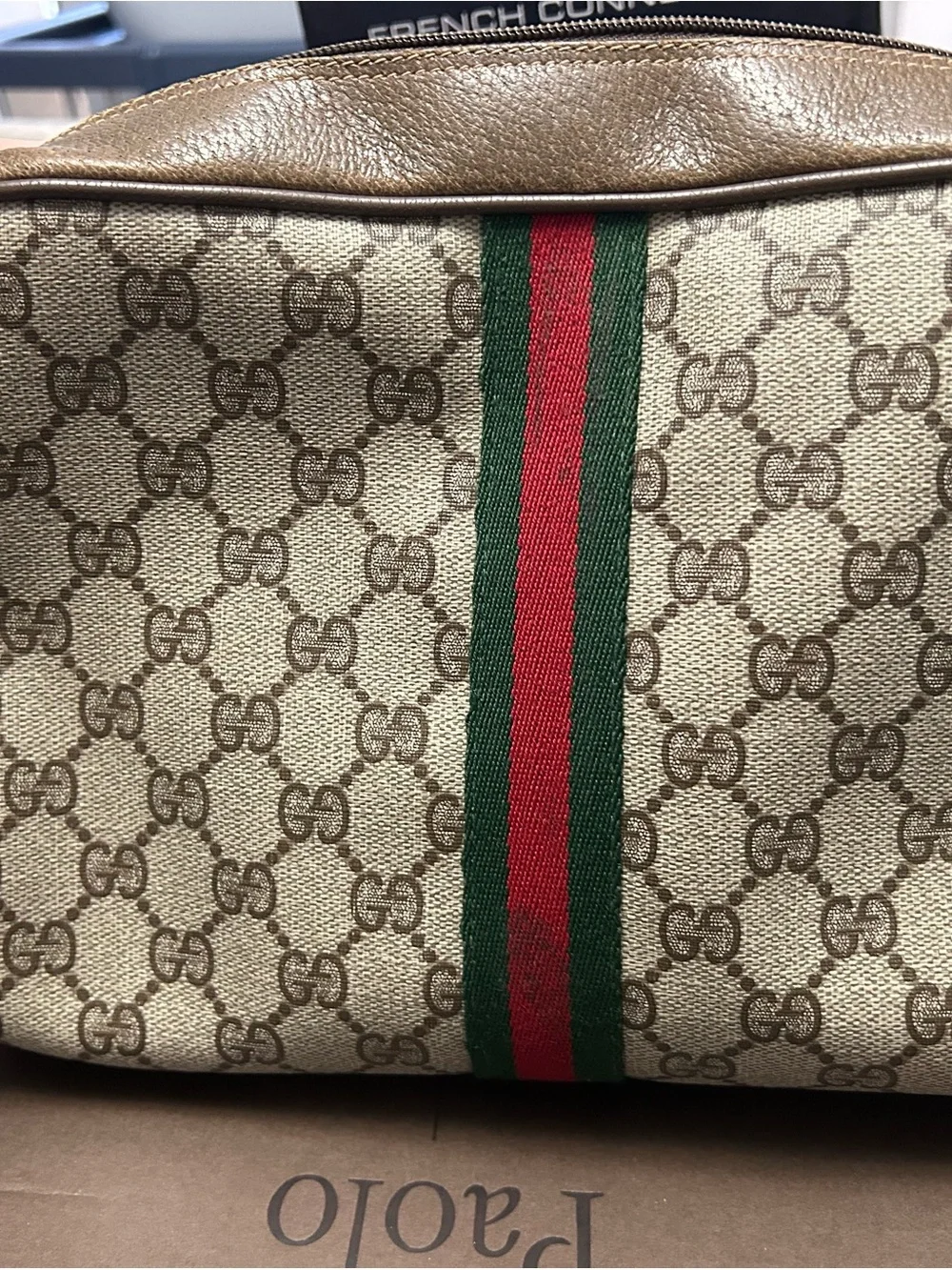 Gucci Beige Brown Monogram Canvas Backpack with Green-Red Web